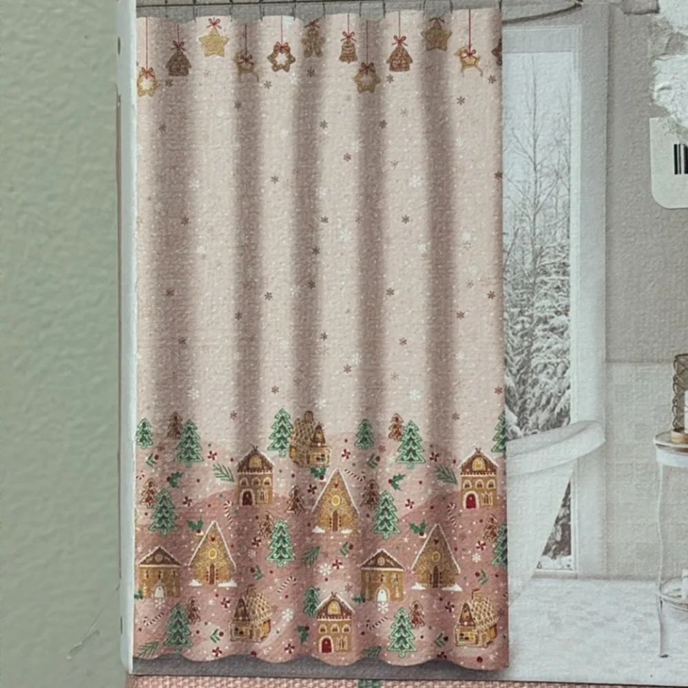 Pink Gingerbread House Christmas Village Fabric Shower Curtain Bathroom Decor